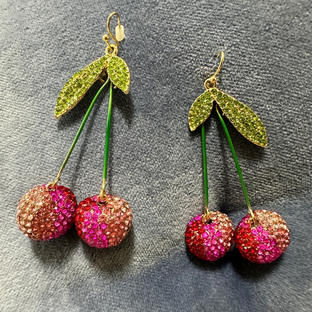 Cherry Drop Earrings with Pink and Green Crystals